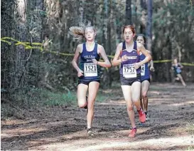  ?? Ted Bell ?? Montgomery’s Allison Wilson (right) competes in the District 12-6A cross country championsh­ips on Thursday at College Park High School.