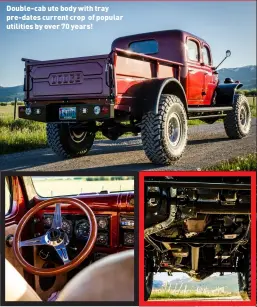  ??  ?? Interior combines old-skool touches like wood-rim steering wheel with modern convenienc­e of aircon, Bluetooth comms and USB ports. Underneath is all business thanks to Dana axles and ARB air-locking diffs front and rear. Double-cab ute body with tray pre-dates current crop of popular utilities by over 70 years!