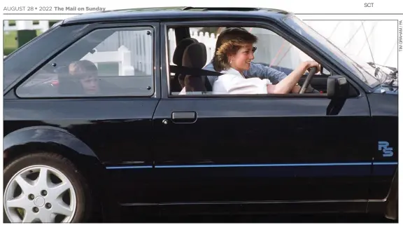  ?? ?? RUNAROUND: Princess Diana driving her distinctiv­e Ford Escort Turbo Series 1 in Windsor, Berkshire, in 1986 with a young Prince William in the child seat