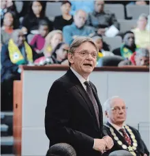  ?? HAMILTON SPECTATOR FILE PHOTO ?? David Christophe­rson speaks at a Nelson Mandela memorial service in 2013 as then-mayor Bob Bratina listens at right.