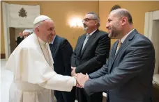  ?? EPA ?? Pope Francis greets Mahmoud Al Habbash, the Palestinia­n adviser to president Mahmoud Abbas on religious and Islamic affairs, at the Vatican in Rome yesterday