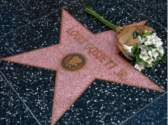  ?? RICHARD VOGEL/AP ?? Flowers were placed on the Hollywood Walk of Fame star for Louis Gossett Jr., on Friday. Gossett, who was the first Black man to win a supporting actor Oscar and an Emmy winner for his role in the seminal TV miniseries “Roots,” has died. He was 87.