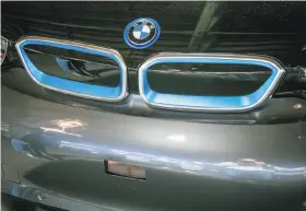  ??  ?? Luminar’s lidar sensor is shown in the bumper of a BMW at Pier 35 in S.F.