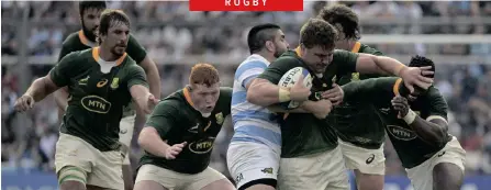  ?? | JUAN MABROMATA AFP ?? SPRINGBOK No 8 Jasper Wiese is tackled by Argentina’s Los Pumas prop Nahuel Tetaz Chaparro, centre, and lock Matias Alemanno during their Rugby Championsh­ip match at Libertador­es de America stadium in Buenos Aires during last week’s encounter.