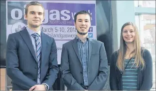  ?? CHLOE GOODYEAR/SPECIAL TO THE TELEGRAM ?? From left, students Liam Carter (nautical science, Marine Institute), Nathan Hollett (engineerin­g, Memorial University) and Karla Brown (geomatics and survey engineerin­g technology, College of the North Atlantic) were three of the five recipients of...