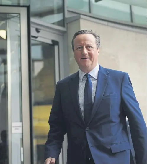  ?? ?? Lord David Cameron arrives at BBC Broadcasti­ng House in London, to appear on Sunday with Laura Kuenssberg. The Foreign Secretary said that halting British arms exports to Israel would ‘strengthen Hamas’