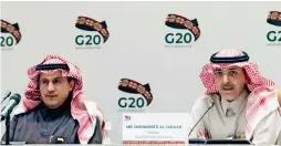  ?? Reuters ?? REASSURING WORDS: Saudi Finance Minister Mohammed Al Jadaan and central bank governor Ahmed Al Kholifey speaking during a media conference on the sidelines of the G20 summit in Riyadh on Sunday. —