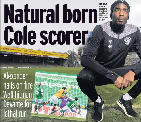  ??  ?? UP TOP Cole is relishing position, netting at Hibs last weekend, below