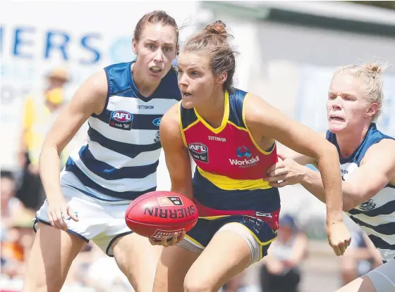  ?? Picture: SARAH REED ?? Sally Riley, playing for Adelaide in the 2019 AFLW season, is ready for a new challenge on the Gold Coast.