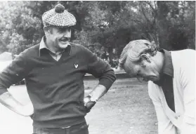  ??  ?? MASTERCLAS­S. Film star Sean Connery gets a few tips from Palmer, his partner in a Pro-Am tournament in Paris in 1976.