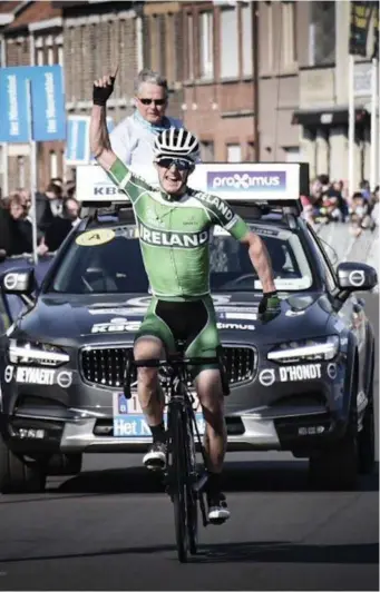  ??  ?? Banteer and O’Leary Stone Kanturk cyclist Eddie Dunbar at the finish in Flanders.