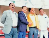  ??  ?? Professor Rajesh Kumar (second from right), principal of Osmania University College of Physical Education, is felicitate­d at the 1st Telangana State Under-23 Seniors and Men’s & Women’s Athletics Championsh­ip being conducted in the memory of former athletics coach A. Xavier, at the GMC Balayogi Athletics Stadium in Gachibowli, Hyderabad, on Saturday.