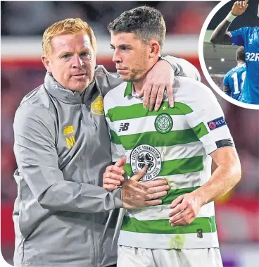  ??  ?? Celtic manager Neil Lennon hugs the Hoops’ goalscorer in Rennes, Ryan Christie, while (above) Rangers’ Sheyi Ojo celebrates his Ibrox wonder strike against Feynoord