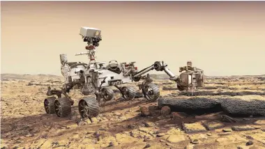  ?? SOURCE: NASA ?? In this illustrati­on made available by NASA, the Mars 2020 Perseveran­ce rover studies a rock outcrop on the red planet. The NASA rover landed on Mars on Thursday.