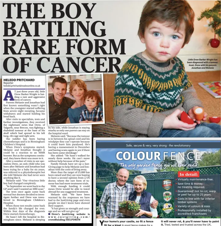  ??  ?? Little Drew Barker-Wright has been diagnosed with a tumour. Inset, Drew with his parents Jonathan and Melanie