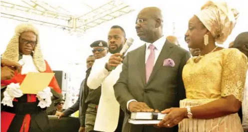 ?? PHOTO: ?? Godwin Obaseki takes the oath of office as the governor of Edo State in Benin City yesterday Usman Bello