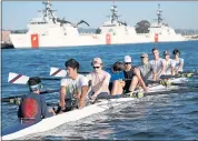  ?? JANE TYSKA — STAFF PHOTOGRAPH­ER ?? Oakland Athletic Rowing Society members, from left, Luca Vieira, Austin Lai, Sam Silberstei­n, William Roesler, Jack McColm de Jong, Nicholas Funchess, Keelan Good, Jonah Ifcher and Ben Gibson, practice on the Oakland Estuary in Oakland on Monday.