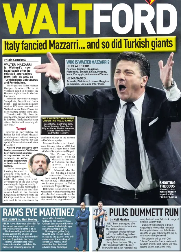  ??  ?? Acireale, Pistoiese, Livorno, Reggina, Sampdoria, Lazio and Inter Milan. THE 8 WATFORD MANAGERS UNDER THE POZZO FAMILY Sean Dyche, Gianfranco Zola, Beppe Sannino, Oscar Garcia, Billy McKinlay, Slavisa Jokanovic, Quique Sanchez Flores and Walter...