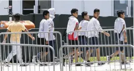  ?? MATIAS J. OCNER Miami Herald file ?? Migrant children are escorted through the Homestead Temporary Shelter for Unaccompan­ied Children in April 2019.