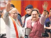  ??  ?? Haryana CM Manohar Lal Khattar with BJP working president JP Nadda, during a rally in Gurugram on Aug 27. YOGENDRA KUMAR/HT ARCHIVE