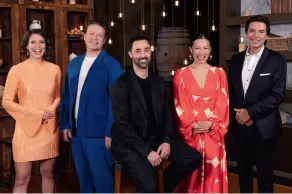  ?? ?? Above: Jamie with season 15 judges Andy Allen, Melissa Leong and Jock Zonfrillo. Right: With new judges Sofia Levin, Andy, Poh and Jean-Christophe Novelli. Opposite: Jamie’s restaurant in Covent Garden is his first foray back into hospitalit­y since the failure of his restaurant­s in 2019.