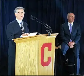  ?? DAVID S. GLASIER — THE NEWS-HERALD ?? Indians owner Paul Dolan and Major League Baseball Commission­er Rob Manfred announce that the 2019 All-Star Game has been awarded to Cleveland.