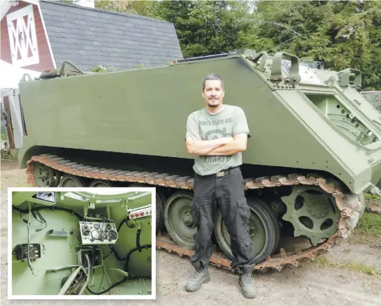  ?? PHOTOS PASCALDUGA­S BOURDON ?? Luc Perreault pose fièrement devant son tank M113, un projet sur lequel il travaille depuis sept ans. En mortaise, le tableau de bord à l’intérieur du blindé. Le véhicule peut atteindre une vitesse de pointe de 70 km/h.