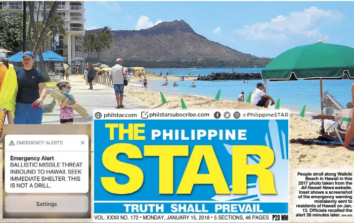  ?? EPA-EFE ?? People stroll along Waikiki Beach in Hawaii in this 2017 photo taken from the All Hawaii News website. Inset shows a screenshot of the emergency warning mistakenly sent to residents of Hawaii on Jan. 13. Officials recalled the alert 38 minutes later.