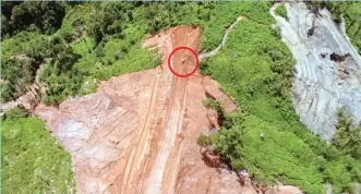  ?? (Mindanao Examiner Photo) ?? A truck is dwarfed by the destructio­n of this mountain in the mining operation of TVI Resource Developmen­t (Phils.) Inc.in Zamboanga del Norte province.