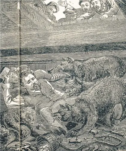  ?? GRAVURE DE JOHN HENRY WALKER ?? Joe Beef tombe au milieu de sa fosse aux ours, le 15 juin 1879.