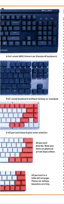  ??  ?? A full-sized ANSI ( American Standard) keyboard.
Full-sized keyboard without tenkey or numpad.
A 65 percent board gets even smaller. 60 percent boards: Now you have no physical arrow keys either. 40 percent is a little bit strange. These 44-48 key beauties are tiny.