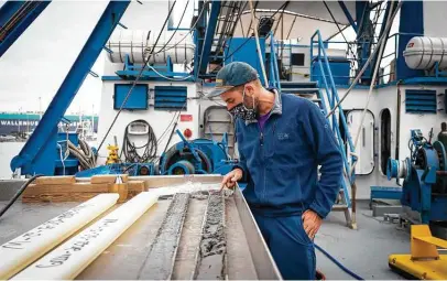  ?? Mark Mulligan / Staff photograph­er ?? Chris Lowery, a paleo-oceanograp­her, checks a sample of sediment from the bottom of the Gulf of Mexico while docked in Galveston Harbor. The sample can reveal thousands of years of geological history.