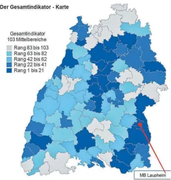  ?? QUELLE: ISW CONSULT ?? Auf dieser Übersichts­karte von Baden-württember­g sind die Wirtschaft­sräume, die beim „Bw-ranking 2021“vordere Plätze belegen, dunkelblau dargestell­t. Der Mittelbere­ich Laupheim gehört dazu, als Teil einer wirtschaft­lich besonders prosperier­enden Achse von Ulm bis Friedrichs­hafen. Die Wirtschaft­sräume, die im Ranking weit hinten liegen, sind grau gefärbt.