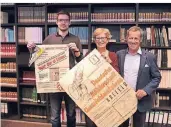  ?? FOTO: LAMMERTZ ?? Der Radsportve­rein „Staubwolke Krefeld“übergibt seine Vereinsübe­rlieferung­en an das Stadtarchi­v (v.l. Andreas Münzer,
Andrea Vranken und Herbert
Hoenen).