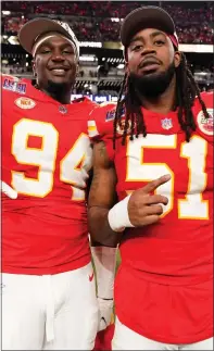  ?? STEVE LUCIANO — THE ASSOCIATED PRESS ?? Kansas City Chiefs defensive end Malik Herring, left, and defensive end Mike Danna, a former, Central Michigan standout, celebrate after beating the San Francisco 49ers in the NFL Super Bowl 58. The Chiefs have won three of the last five Super Bowls.