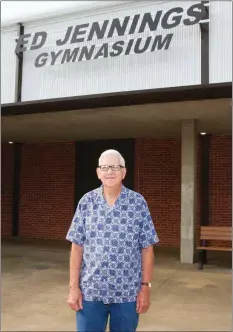  ?? MARK BUFFALO/RIVER VALLEY & OZARK EDITION ?? Ed Jennings stands in front of the Conway Human Developmen­t Center gymnasium, which was named in his honor. Jennings, 80, has worked at the center for 56 years as of August — making him the longest-serving state employee, Arkansas Lt. Gov. Tim Griffin...