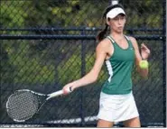  ?? AUSTIN HERTZOG - DIGITAL FIRST MEDIA ?? Methacton’s Dina Nouaime hits a forehand against Spring-Ford’s Tori Alexander in the final of the PAC singles tournament Friday at Perkiomen Valley.