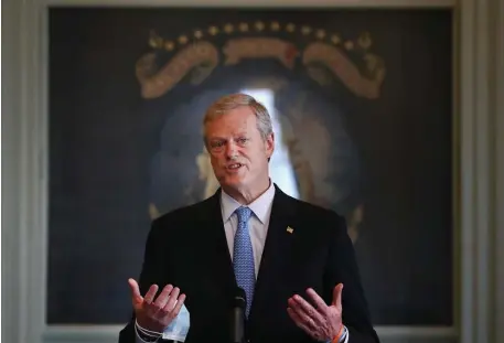  ?? NANCY LANE / HERALD STAFF FILE ?? GEARING UP: Gov. Charlie Baker, pictured Sept. 27, and his administra­tion are bracing for Sunday’s vaccine mandate.