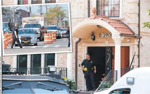  ??  ?? Officer stands guard Tuesday at South Ozone Park home after jealous husband of NYPD officer grabbed her service revolver and threatened to shoot her. Wife called 911 and jumped to safety, and husband surrendere­d to cops after standoff. Inset, ambulances take couple to hospital.