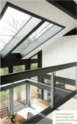  ??  ?? Overhead glazing throws natural light down into the landing and dining room