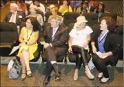  ?? NWA Democrat-Gazette/DAVID GOTTSCHALK ?? Lolly Greenwood (from right), Fayettevil­le Public Education Foundation Hall of Honor 2019 honoree, visits with Laura Odom on Thursday as they sit with her husband Conrad Odom and Mireya Reith, both honorees, before they’re introduced by the Fayettevil­le Public Education Foundation during an assembly for seniors at the high school. John King spoke for Carmen Lierly, who was inducted posthumous­ly.