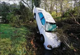  ?? MARK HUMPHREY / ASSOCIATED PRESS ?? A car that was carried by floodwater­s leans against a tree in a creek Sunday in Nashville, Tenn. Heavy rain across Tennessee flooded homes and roads as a line of severe storms crossed the state.