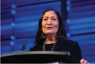  ?? The Associated Press ?? Interior Secretary Deb Haaland announces that her agency will work to restore more large bison herds during a speech for World Wildlife Day on March 3 at the National Geographic Society in Washington.