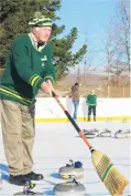  ?? PHOTOS: TOM KITCHIN ?? Swept up . . . Charles Hughes, of Lowburn Curling Club, directs where he wants the stone at the Alexandra IceInLine rink on Saturday.
Right: On the ice . . . Lowburn Curling Club president Gordon Stewart (left) and New Zealand Curling Associatio­n My...
