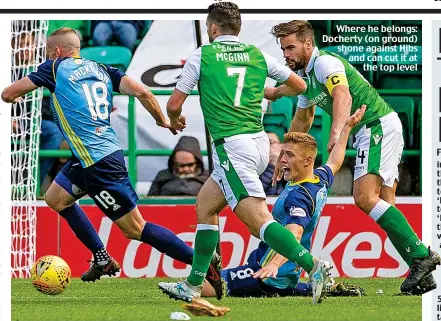  ??  ?? Where he belongs: Docherty (on ground) shone against Hibs and can cut it at the top level