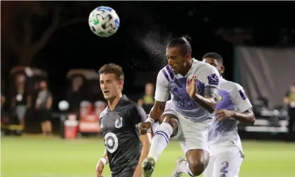  ??  ?? Nani of Orlando City heads the ball during Friday’s MLS is Back semi-final match. Photograph: Sam Greenwood/Getty Images