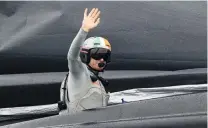  ?? PHOTO: GETTY IMAGES ?? Fourmidabl­e . . . Luna Rossi helmsman Jimmy Spithill salutes the spectators after guiding Luna Ross to its fourth win in two days against INEOS Team UK in Auckland yesterday.