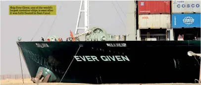  ??  ?? Ship Ever Given, one of the world’s largest container ships, is seen after it was fully floated in Suez Canal