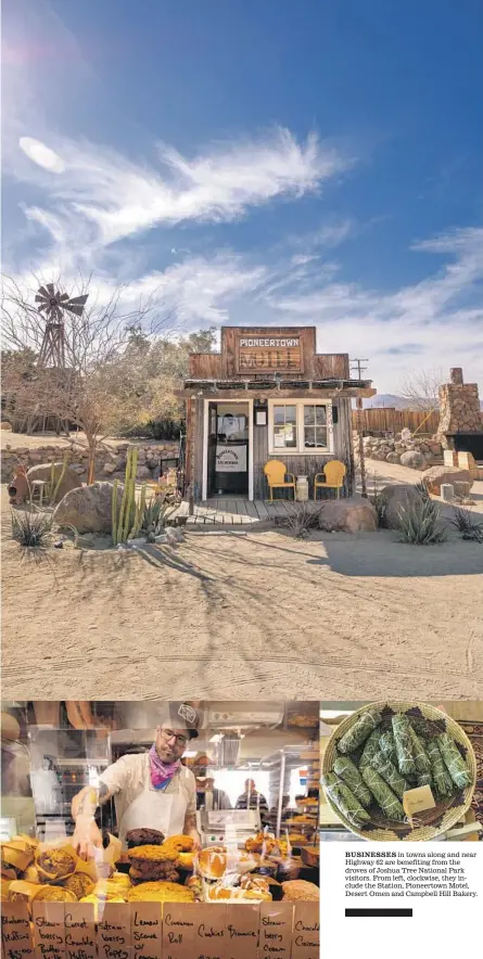  ?? ?? BUSINESSES in towns along and near Highway 62 are benefiting from the droves of Joshua Tree National Park visitors. From left, clockwise, they include the Station, Pioneertow­n Motel, Desert Omen and Campbell Hill Bakery.
Funky Desert Vintage Evelyn Hanna’s curated vintage clothing store, which also features fairtrade and handmade clothes, shares a wall with her lifestyle boutique Desert Omen.
55812 Twentynine Palms Highway, @funkydeser­t vintage