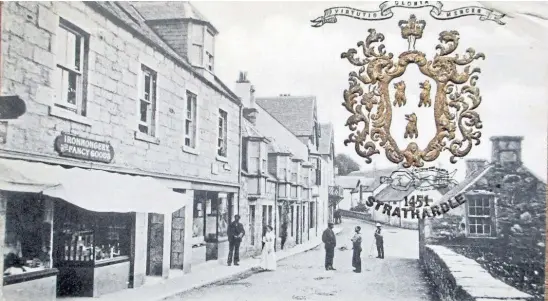  ??  ?? “Mention was made of Kirkmichae­l and Strathardl­e in the 1950s by John Milne,” says Jim Howie of Broughty Ferry. “This card, posted in 1908, has the coat of arms, the ironmonger’s shop and some residents happy to pose for the camera.”